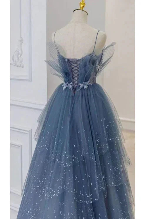 Blue Gorgeous Shiny Elegant Applique Long Tulle Ball Gowns Prom Gowns Graduation Dresses