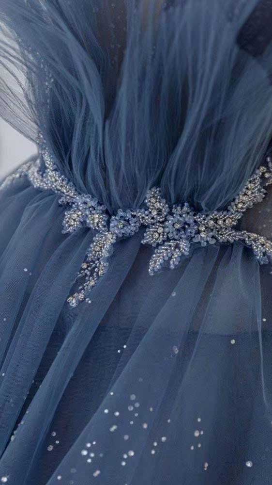 Blue Gorgeous Shiny Elegant Applique Long Tulle Ball Gowns Prom Gowns Graduation Dresses