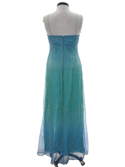 Blue Shiny Fashion Gradient Spray Gold Retro Elegant Sling Long Tulle Ball Gowns Prom Dress