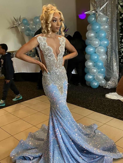 Blue Gorgeous Shiny Sequins Long Mermaid Slim Ball Gowns Prom Dresses