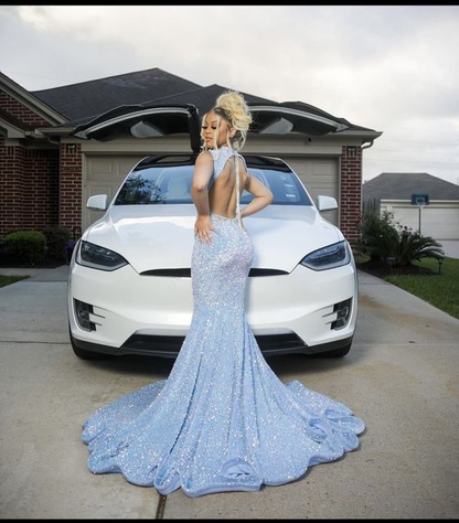 Blue Gorgeous Shiny Sequins Long Mermaid Slim Ball Gowns Prom Dresses