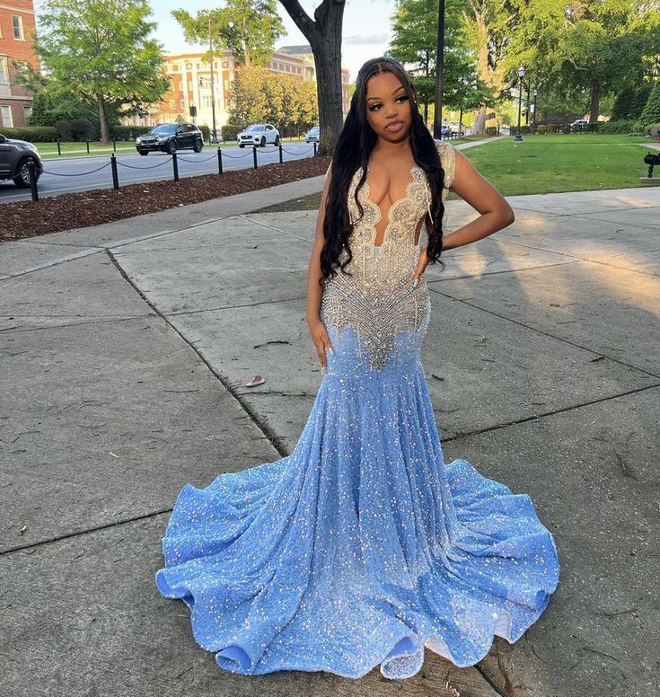 Blue Gorgeous Shiny Sequins Long Mermaid Slim Ball Gowns Prom Dresses