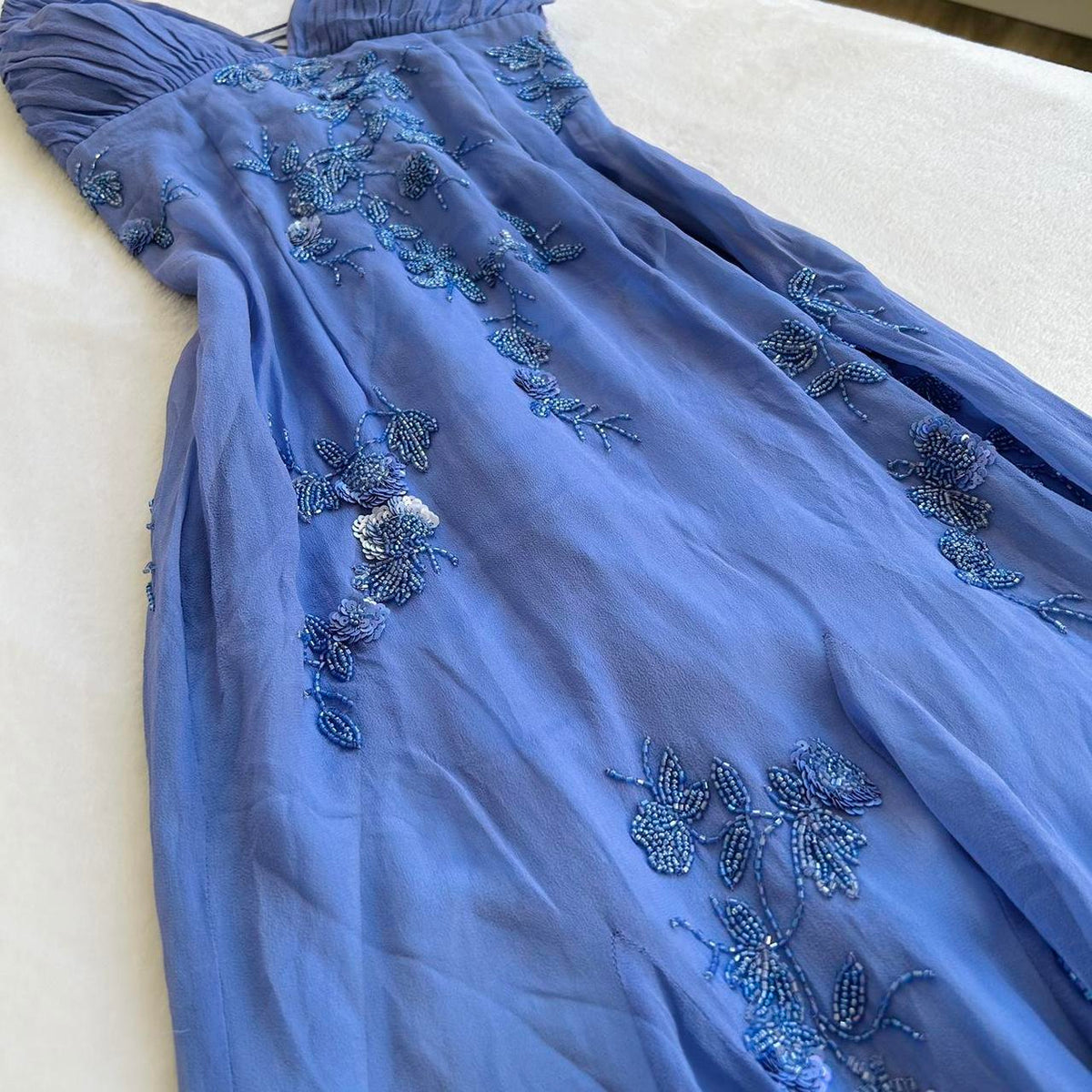 Blue Vintage Elegant V Neck Exquisite Embroidery Applique Beading Long Chiffon Prom Dress Prom Gowns Prom Dresses