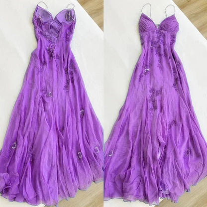 Blue Vintage Elegant V Neck Exquisite Embroidery Applique Beading Long Chiffon Prom Dress Prom Gowns Prom Dresses
