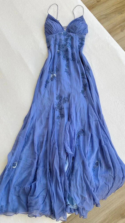 Blue Vintage Elegant V Neck Exquisite Embroidery Applique Beading Long Chiffon Prom Dress Prom Gowns Prom Dresses
