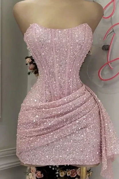 Blushing Pink Sequins Cocktail Dress Woman Elegant Wedding Prom Dress Gown Mini Graduation Dress Vestido De GraduacióN Vestido De Fiesta Homecoming Dresses
