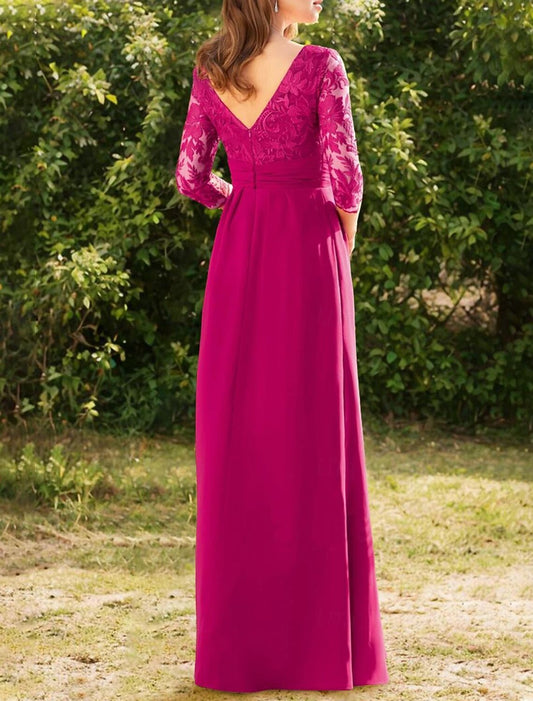 A-Line Mother of the Bride Dress Formal Wedding Guest Elegant Vintage V Neck Floor Length Lace Chiffon 3/4 Length Sleeve with Lace