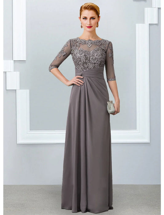 A-Line Mother of the Bride Dress Elegant V Neck Floor Length Chiffon Lace Short Sleeve with Pleats Appliques