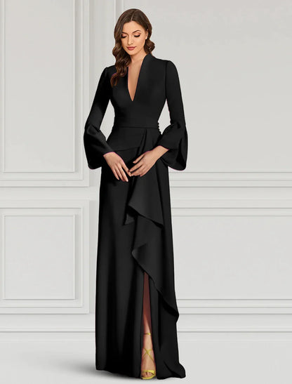 heath Evening Gown Elegant Black Dress Formal Cocktail Party Dress Floor Length Long Sleeve V Neck Fall Wedding Guest Fabric with Ruffles