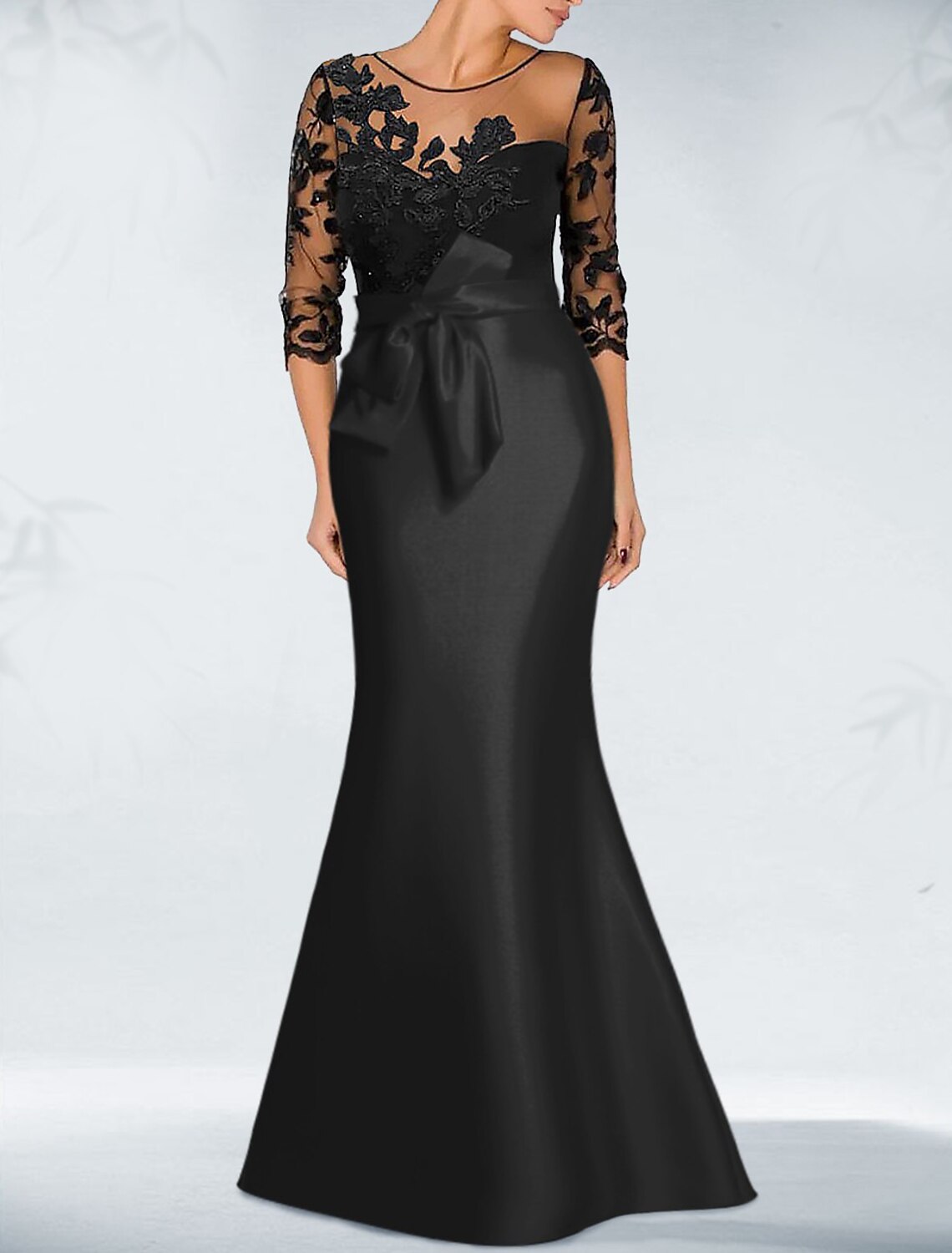Mermaid Evening Gown Elegant Black Dress Wedding Guest Fall Floor Length 3/4 Length Sleeve Jewel Neck Satin with Bow(s) Beading Appliques 2026