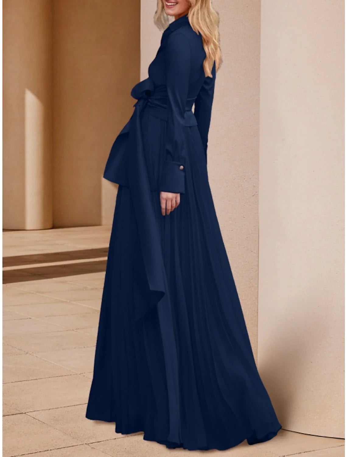 A-Line Mother of the Bride Dress Wedding Guest Elegant V Neck Floor Length Chiffon Long Sleeve with Bow(s) Ruching Solid Color
