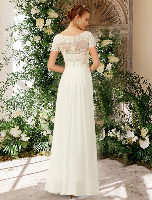 Beach Wedding Dresses A-Line V Neck Short Sleeve Floor Length Chiffon Bridal Gowns With Pleats Appliques Summer Wedding Party Women's Clothing