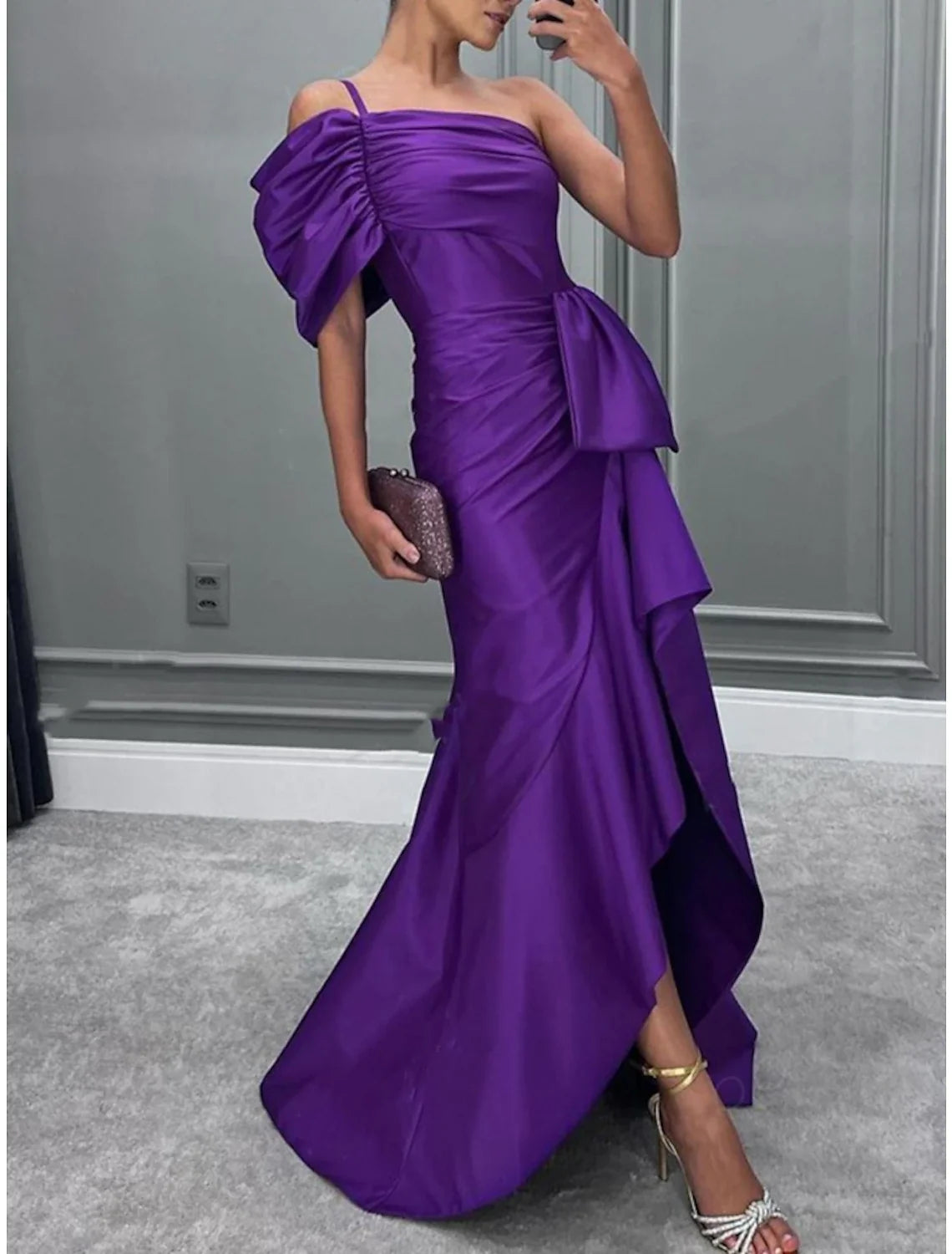 Mermaid / Trumpet Evening Gown Elegant Dress Formal Christmas Red Green Dress Sweep / Brush Train Short Sleeve One Shoulder Satin with Ruched Ruffles 2026