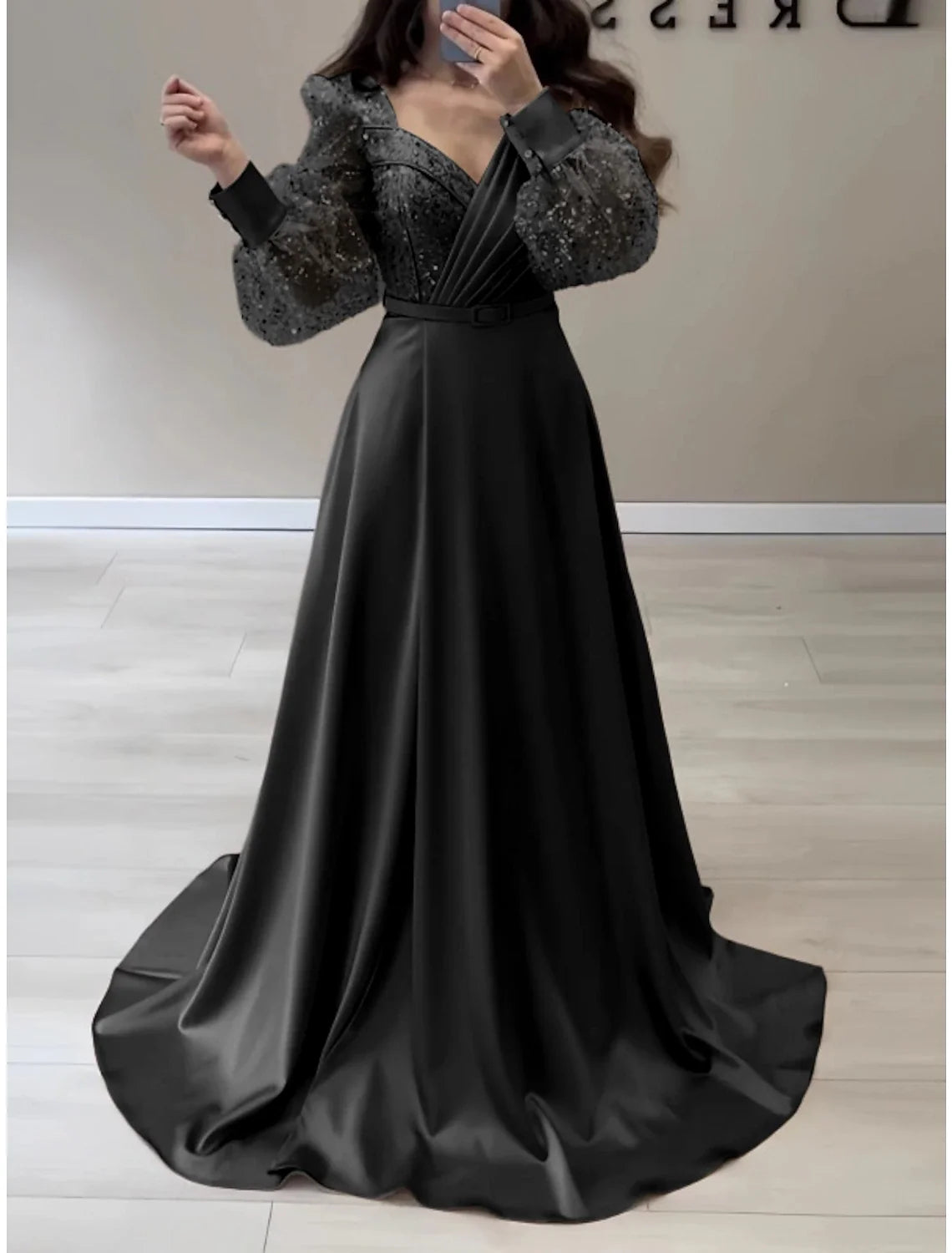 A-Line Evening Gown Sparkle & Shine Black Dress Formal Fall Sweep / Brush Train Long Sleeve V Neck Satin with Glitter Pleats Strappy 2026