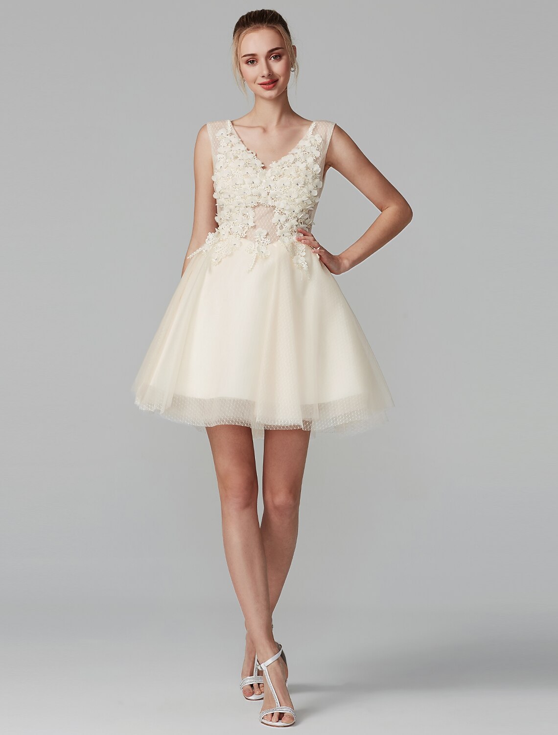 A-Line Party Dress Wedding Guest Homecoming Short / Mini Sleeveless V Neck Lace Over Tulle with Crystals Appliques