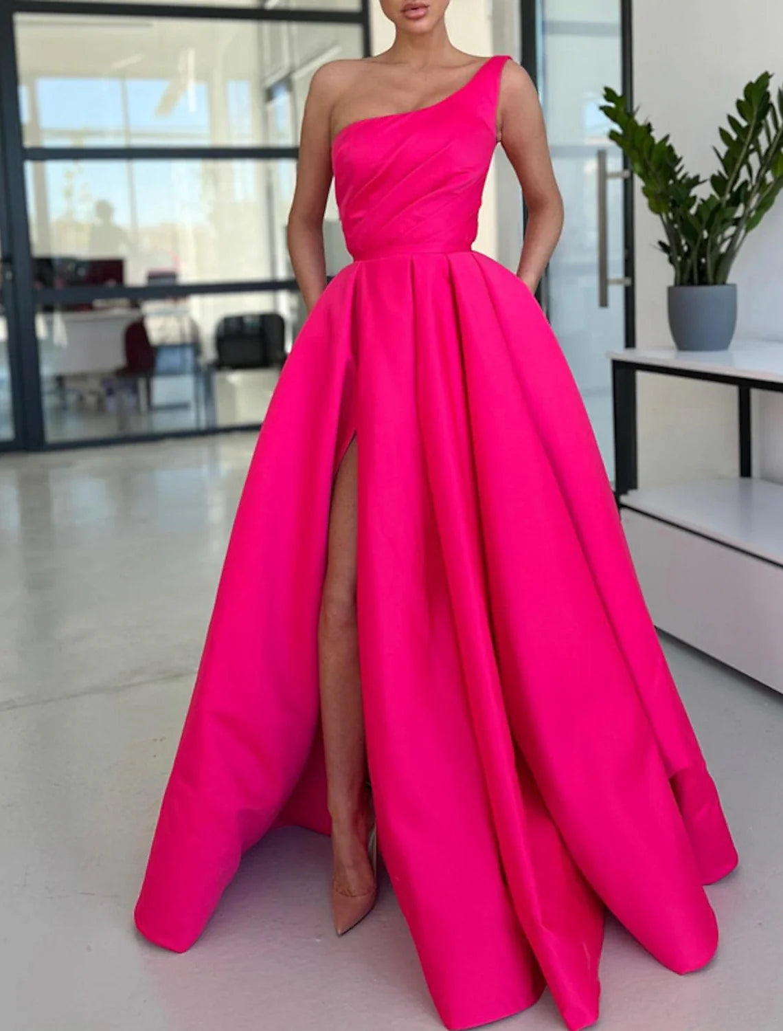A-Line Prom Dresses Party Dress Formal Wedding Guest Sweep / Brush Train Sleeveless One Shoulder Satin with Ruched Slit 2025