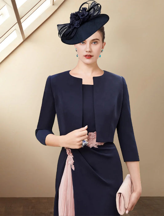 Two Piece Sheath / Column Mother of the Bride Dress Wedding Guest Church Elegant Off Shoulder Knee Length Fabric Sleeveless Short Jacket Dresses with Pleats Crystals Color Block