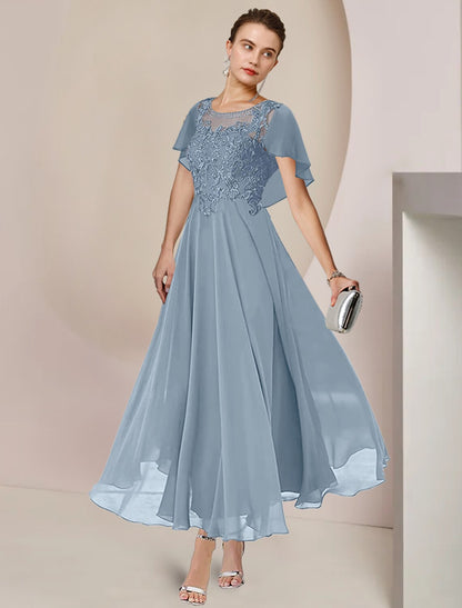 A-Line Mother of the Bride Dress Elegant Scoop Neck Tea Length Chiffon Lace Sleeveless with Beading Appliques