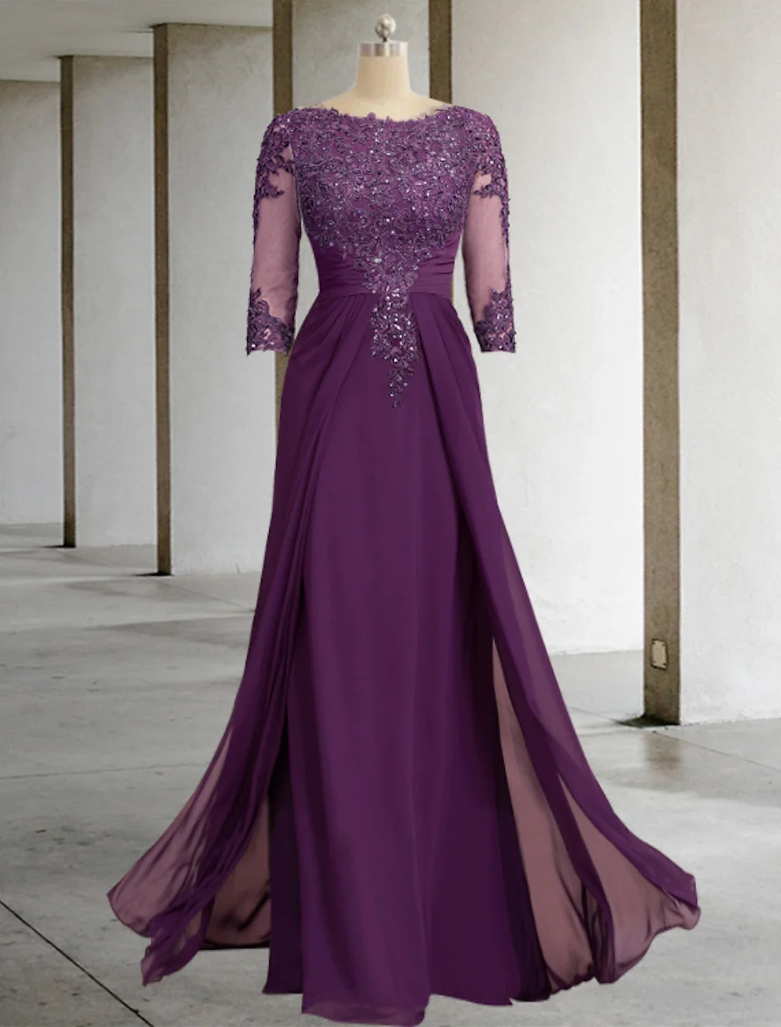 Sheath / Column Mother of the Bride Dress With Overskirts Formal Wedding Guest Elegant Sequin Scoop Neck Floor Length Chiffon Lace 3/4 Sleeve with Appliques Sparkle & Shine