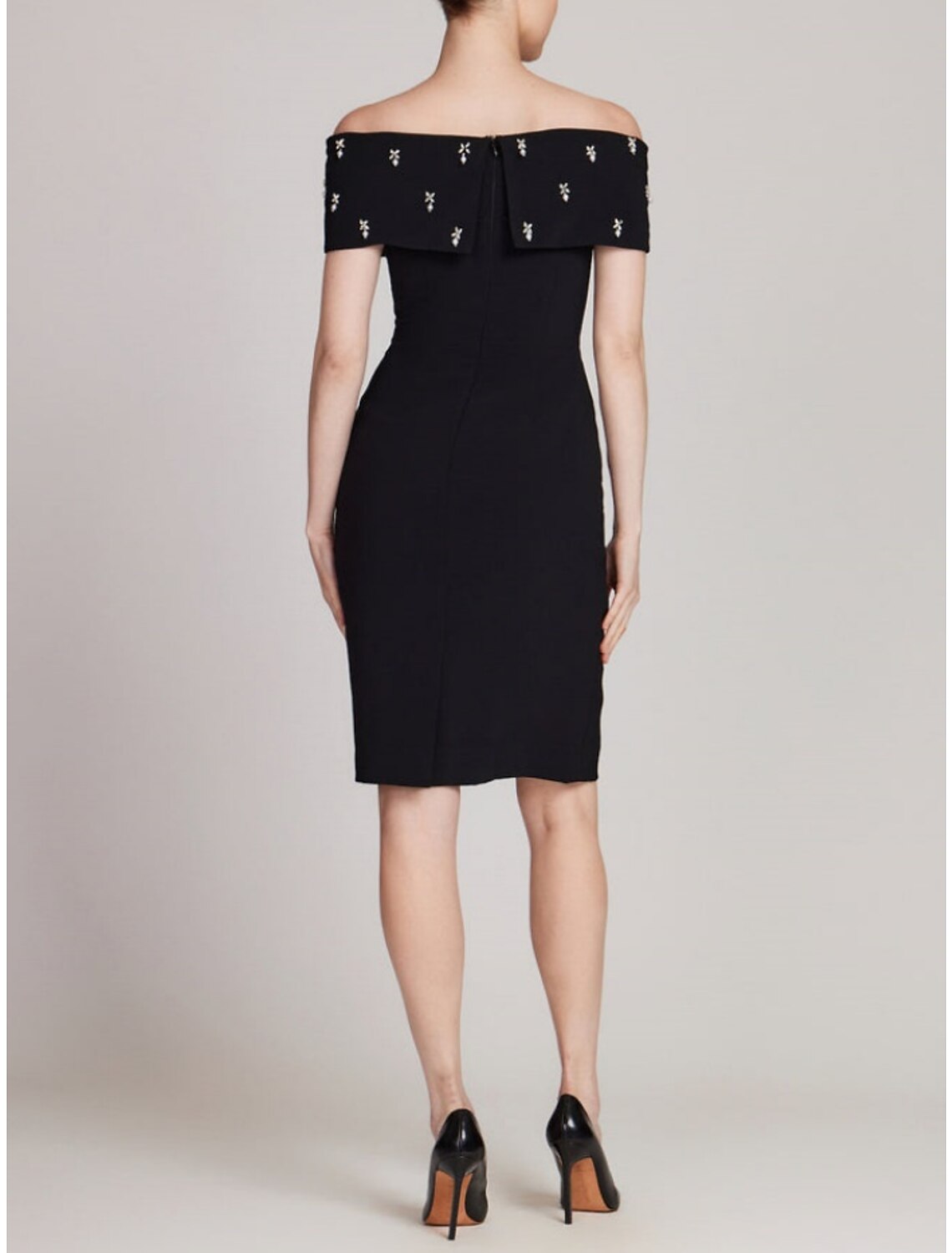 Sheath / Column Wedding Guest Dresses Elegant Dress Homecoming Knee Length Black Dress Short Sleeve Off Shoulder Fabric with Crystals