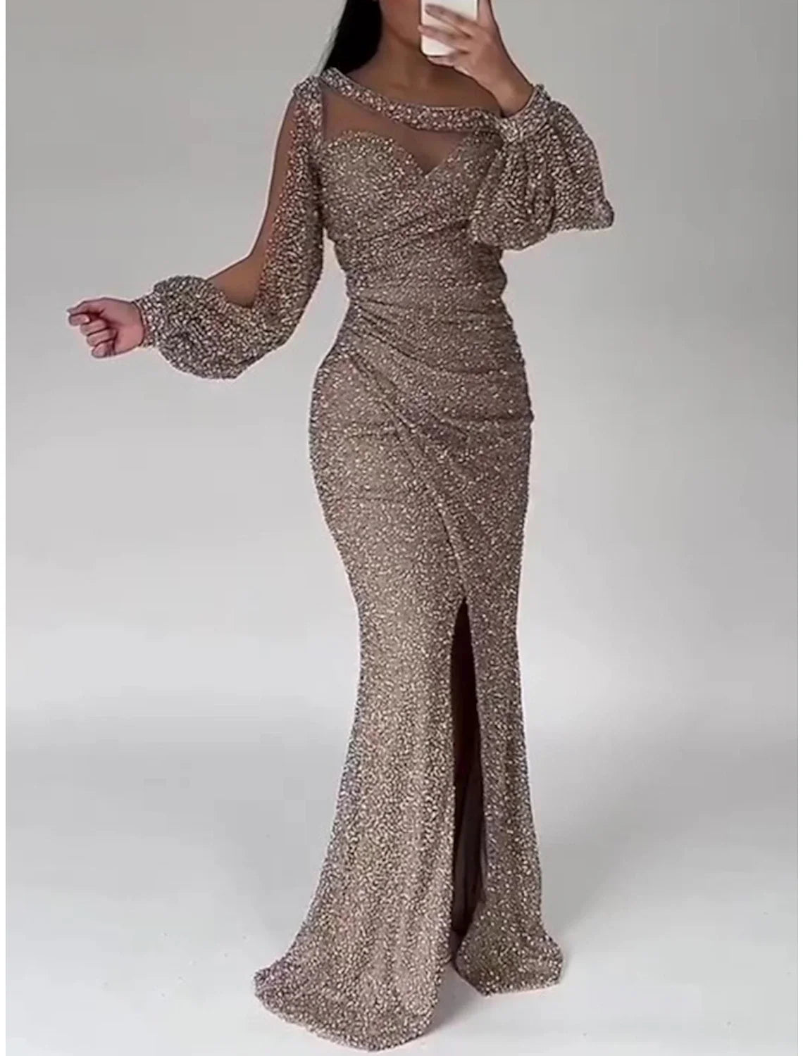Mermaid Dress Evening Gown Christmas Red Green Dress Formal Sweep / Brush Train Long Sleeve Scoop Neck Sequined with Glitter Ruched Slit 2026