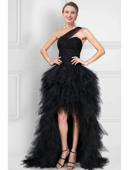 Ball Gown Prom Black Dress Tiered Plisse Dress Masquerade Prom Asymmetrical Sleeveless One Shoulder Tulle Ladder Back with Pure Color