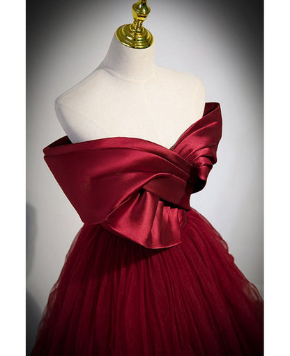 Unique and elegant wine red off the shoulder strapless ball dress wine red A-shaped princess bow short sleeved backless strap and floor length evening dress