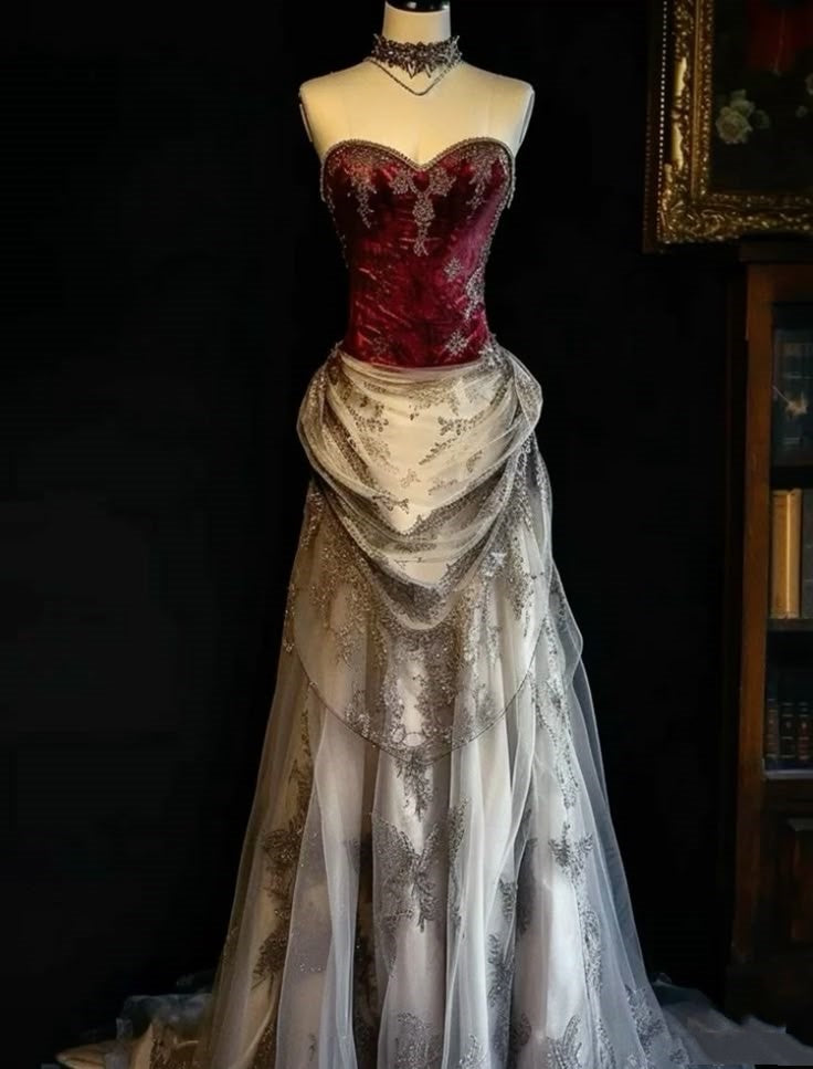 Burgundy Retro Fashion Long Tulle Satin Lace Ball Gowns Prom Dress