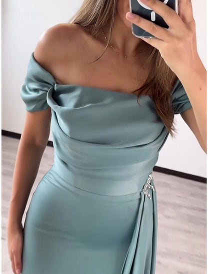 Sheath / Column Evening Gown Elegant Dress Formal Court Train Short Sleeve Square Neck Satin with Pleats Ruched Crystals