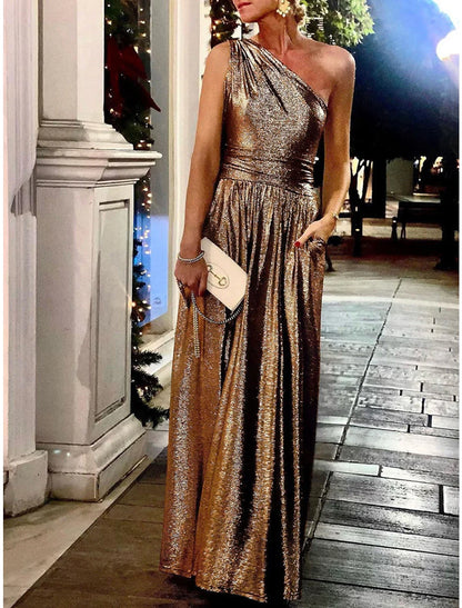 Women's Party Dress Homecoming Dress Wedding Guest Dress Long Dress Maxi Dress Silver Blue Purple Sleeveless Pure Color Pocket Summer Spring One Shoulder Fashion Evening Party Wedding Guest Vacation