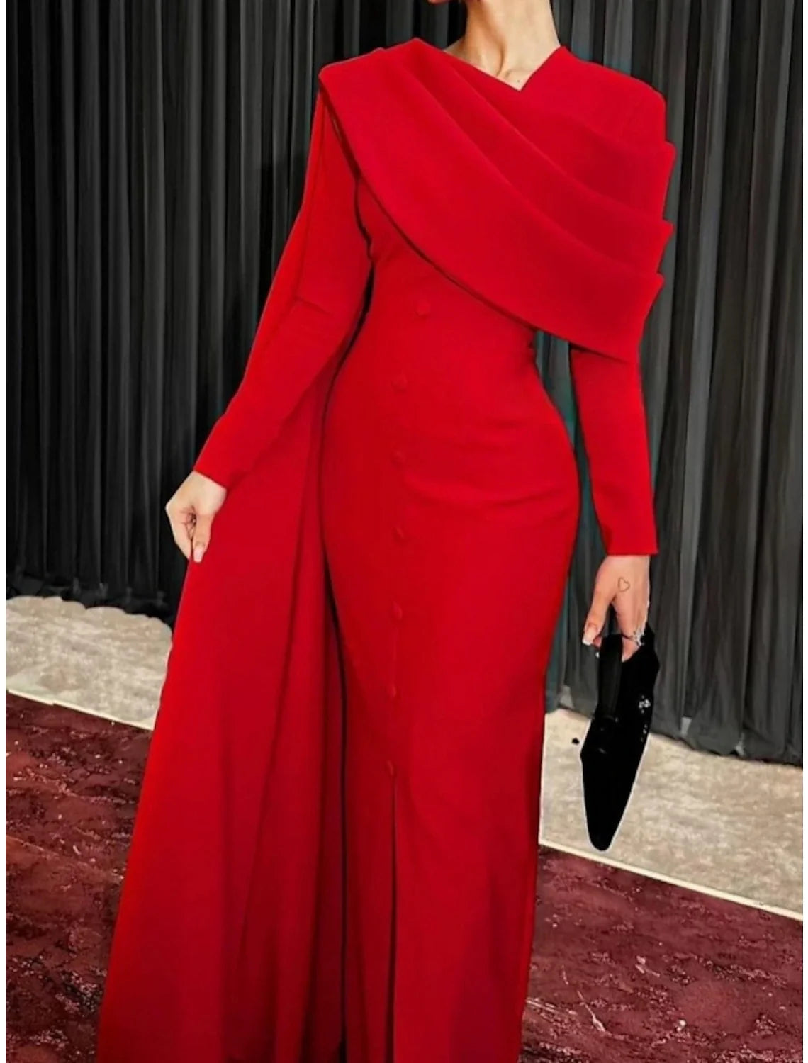 Sheath / Column Red Black Christmas Red Green Dress Evening Gown Elegant Cape Dress Formal Fall Sweep / Brush Train Long Sleeve Cowl Neck Fabric with Buttons Slit 2026
