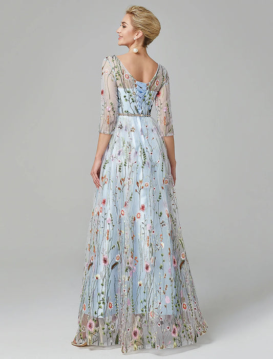 A-Line Evening Gown Party Dress Floral Dress Holiday Wedding Guest Floor Length 3/4 Length Sleeve Illusion Neck Lace with Embroidery 2025