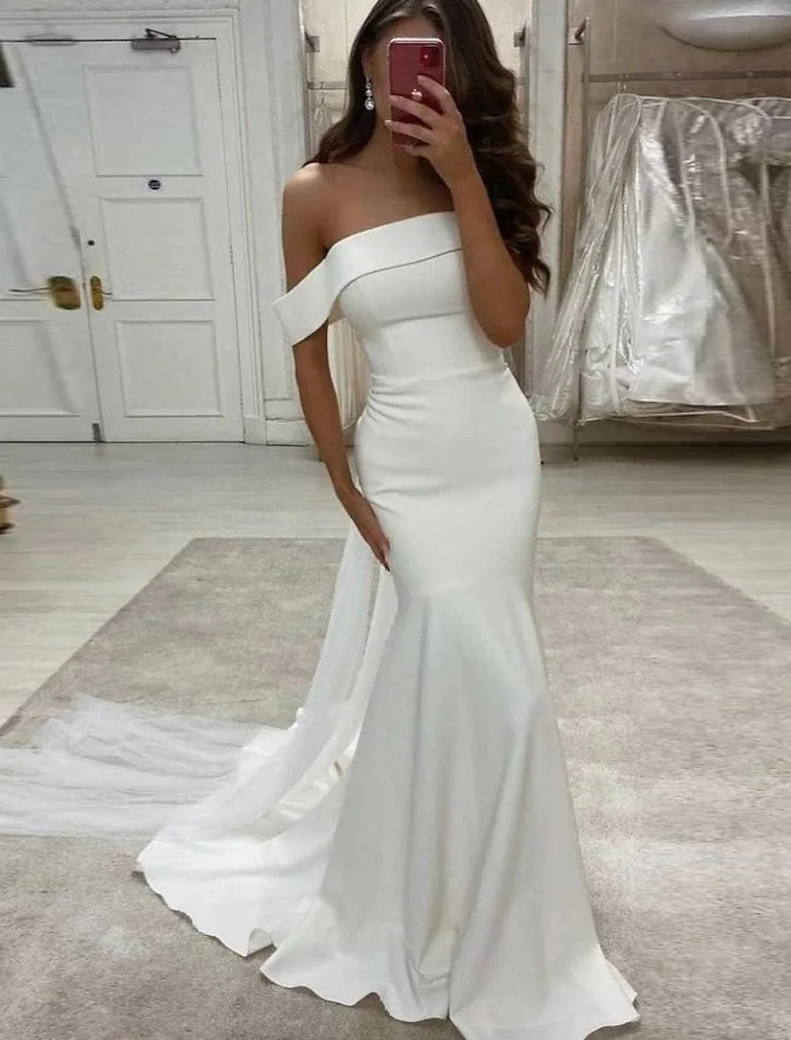 Reception Sexy Wedding Dresses Mermaid / Trumpet Off Shoulder Cap Sleeve Sweep / Brush Train Fabric Bridal Gowns With Solid Color