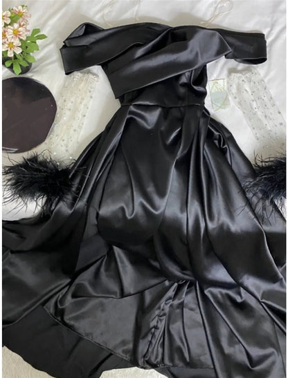 A-Line Evening Gown Elegant Dress Formal Black Dress Sweep / Brush Train Long Sleeve Off Shoulder Satin with Rhinestone Feather Pleats 2026