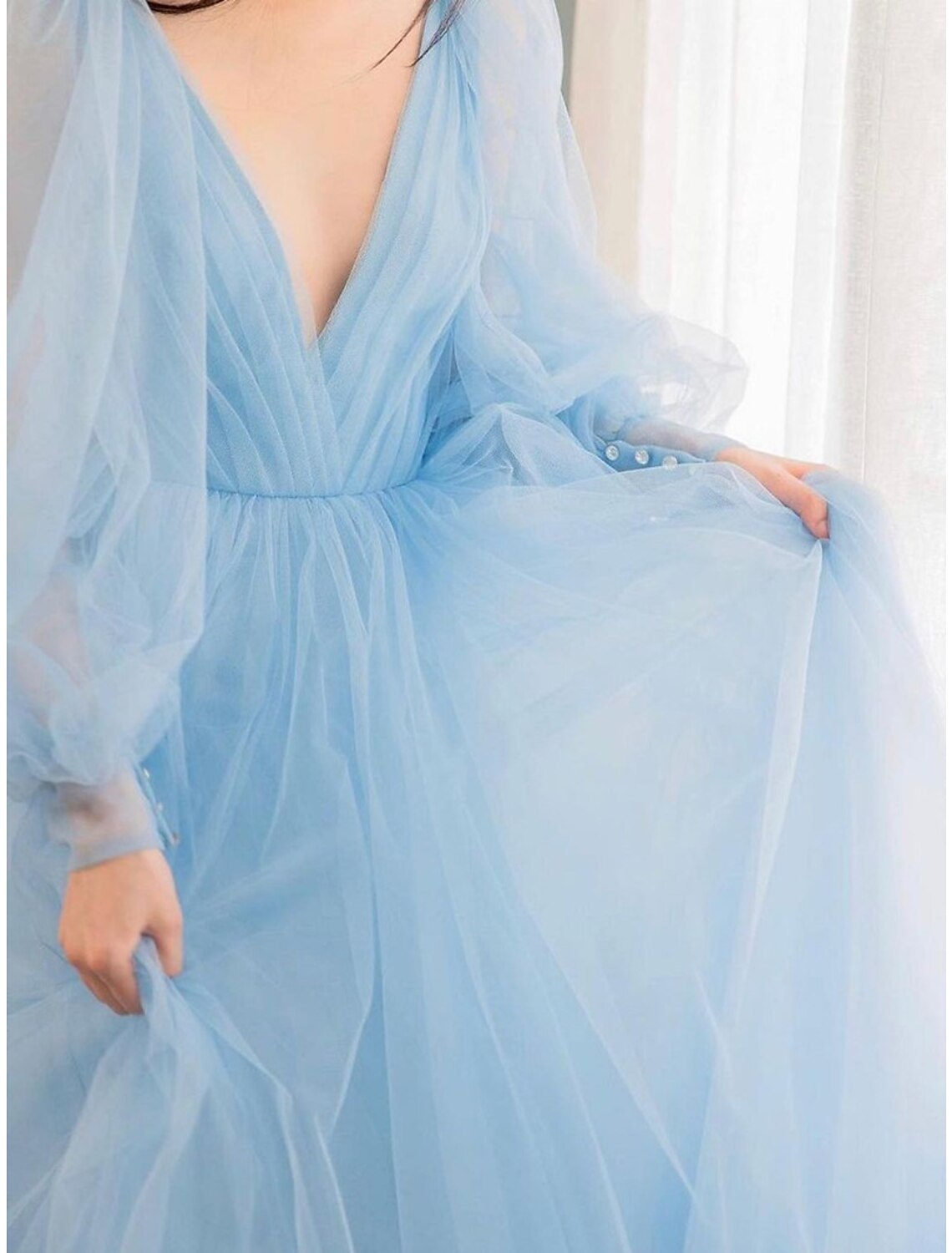 A-Line Prom Dresses Luxurious Dress Engagement Prom Watteau Train Long Sleeve V Neck Tulle V Back with Sleek Pure Color 2025
