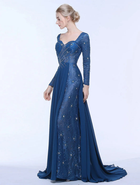 A-Line Mother of the Bride Dress Beautiful Back Open Back Elegant Sweetheart Court Train Chiffon Tulle Beaded Lace Long Sleeve No with Lace Ruched Crystals
