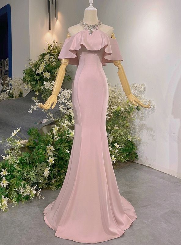 Vintage Pink Satin Mermaid Prom Dress Ruffle Off-the-Shoulder Evening Gown TP5807