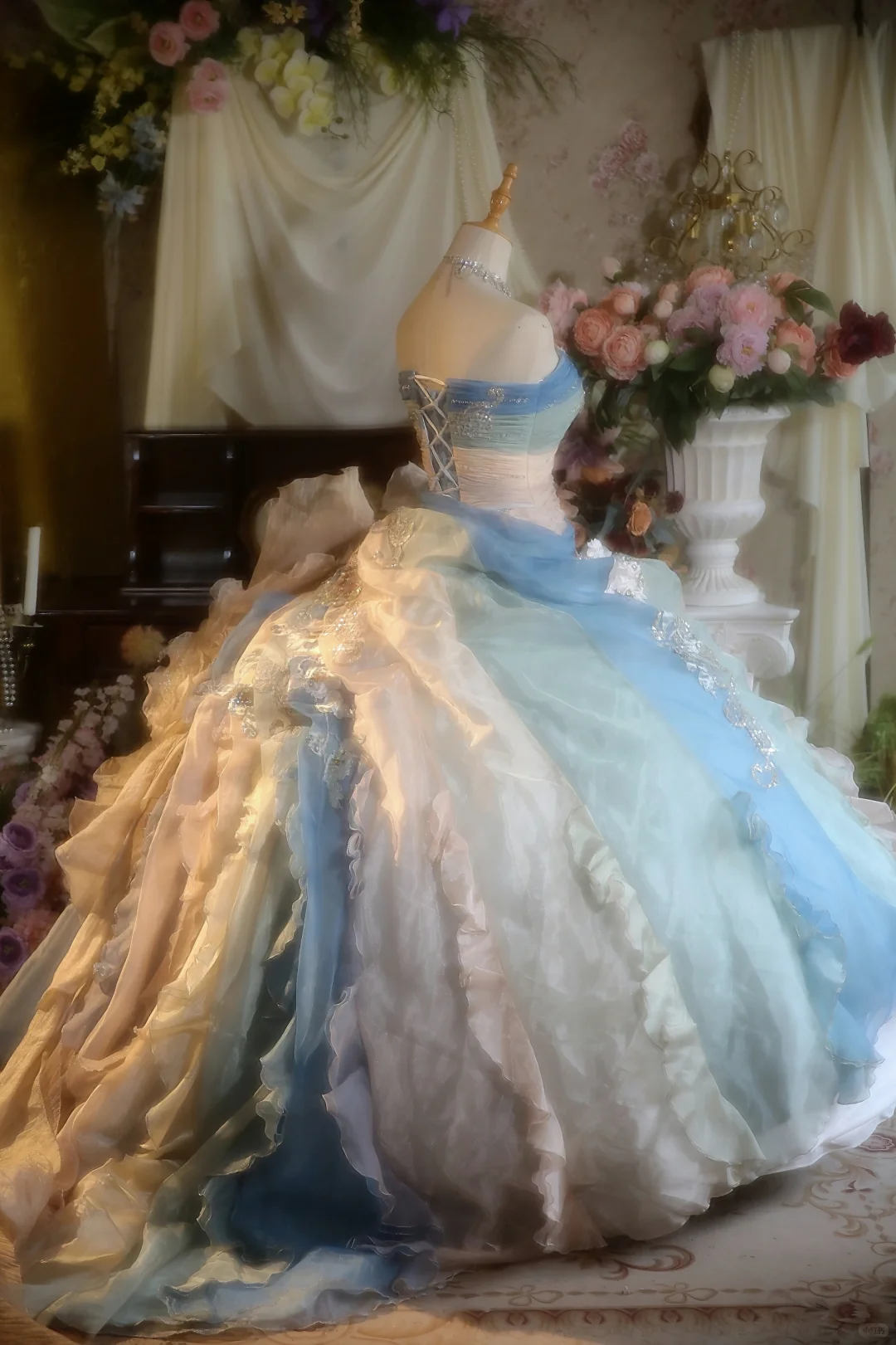 Gorgeous Pastel Ombre Strapless Ruffled Tulle Beaded Sweet 15 Quinceanera Ball Gown TP5518