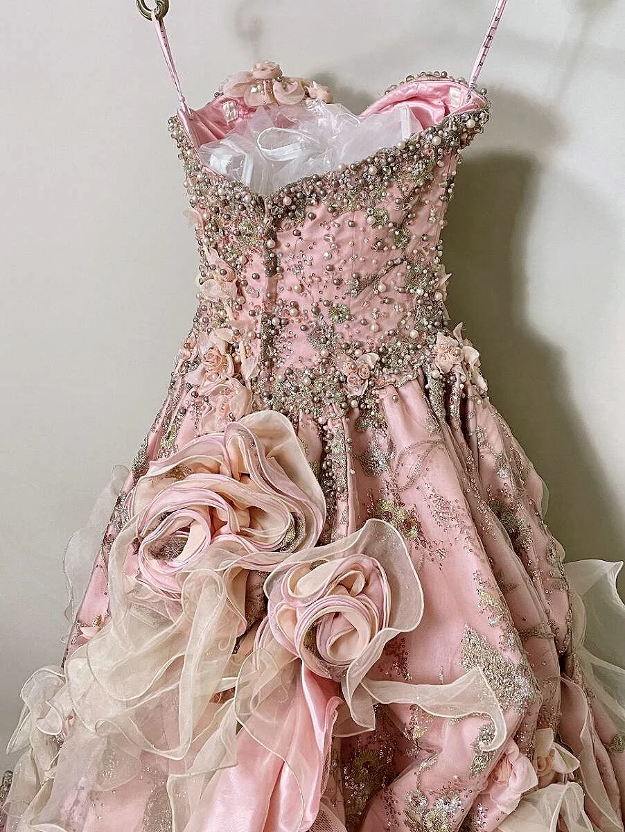 Glamorous Pink 3D Floral Strapless Beaded Sweetheart Ruffled Tulle Sweet 15 Quinceanera Ball Gown TP5491
