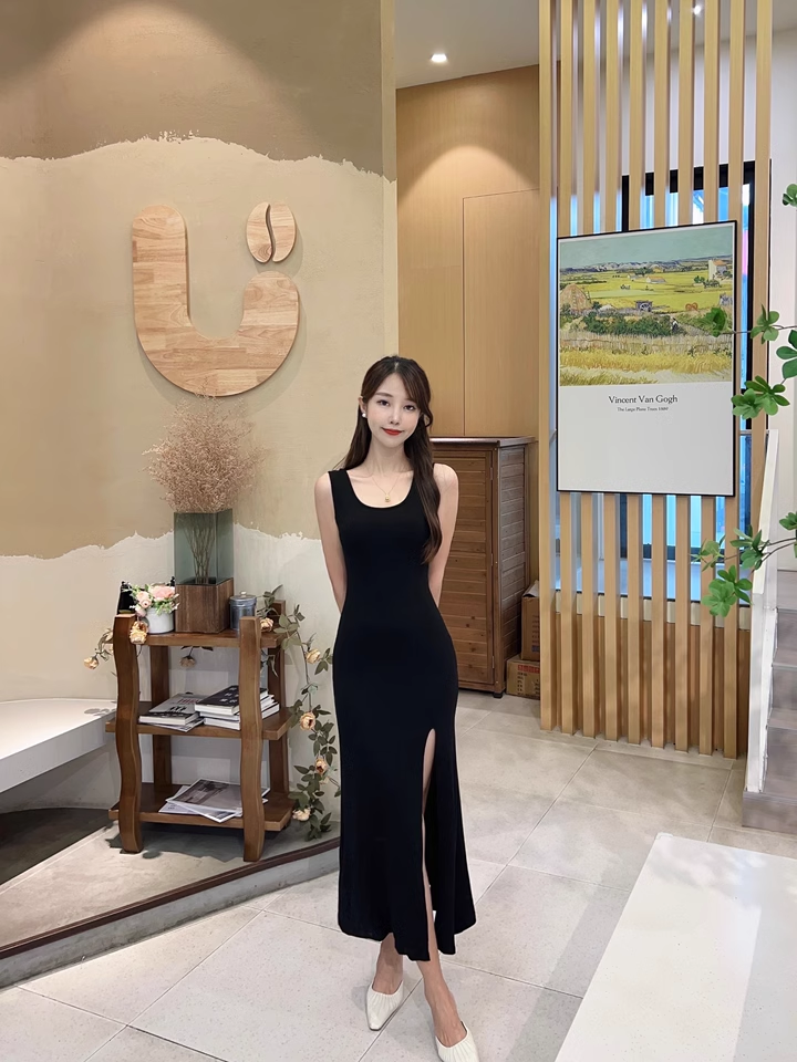 New Fashion Black Sleeveless Elegant Split Spaghetti Strap Dress TP2981