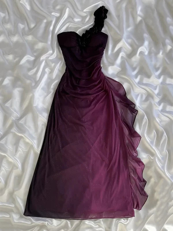 girlhomeshops-Gradient Purple Glitter One-Shoulder Ruched Ruffle Evening Gown gh6006