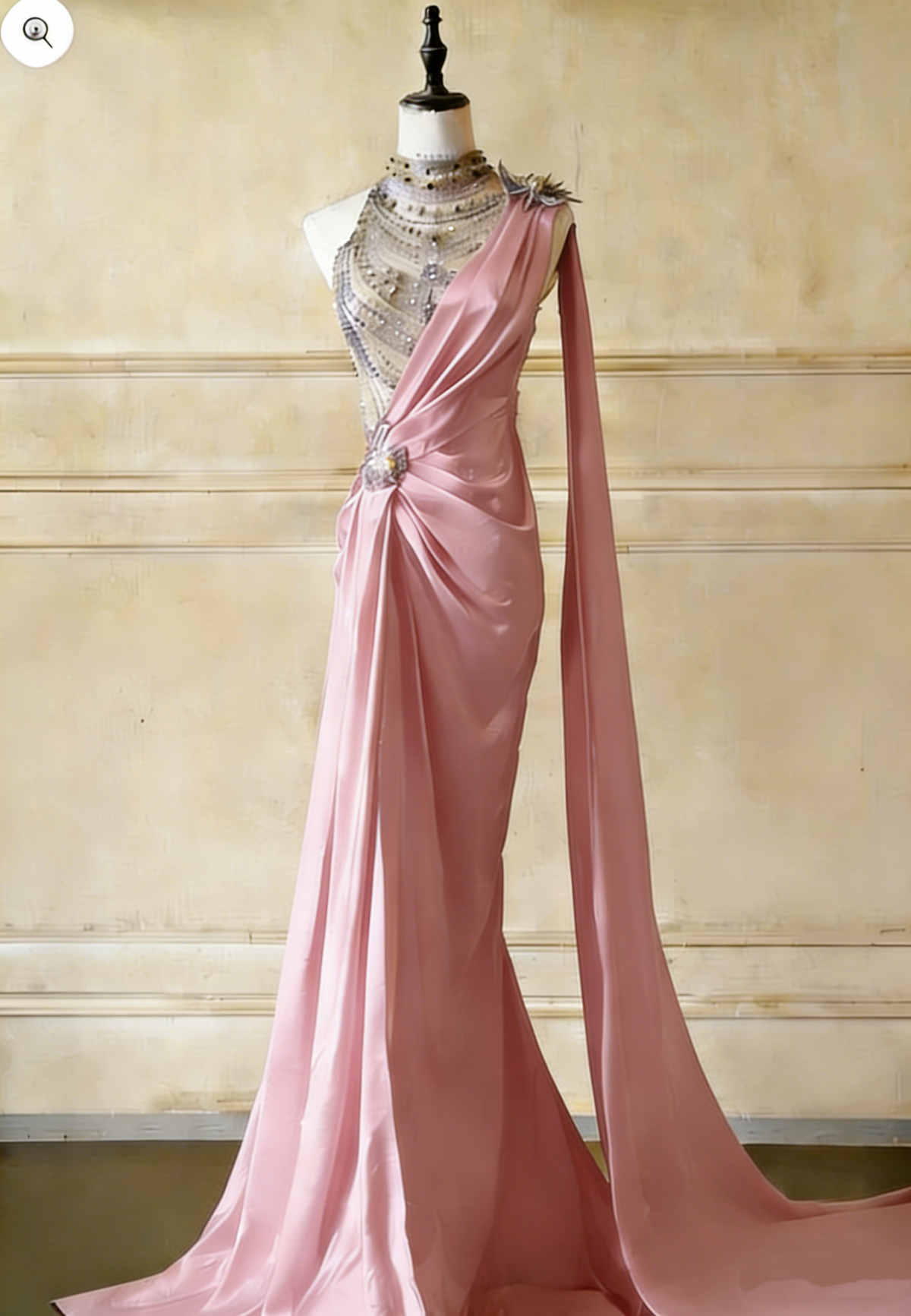 Vintage Champagne One-Shoulder Mermaid Satin Beaded Evening Gown TP5524