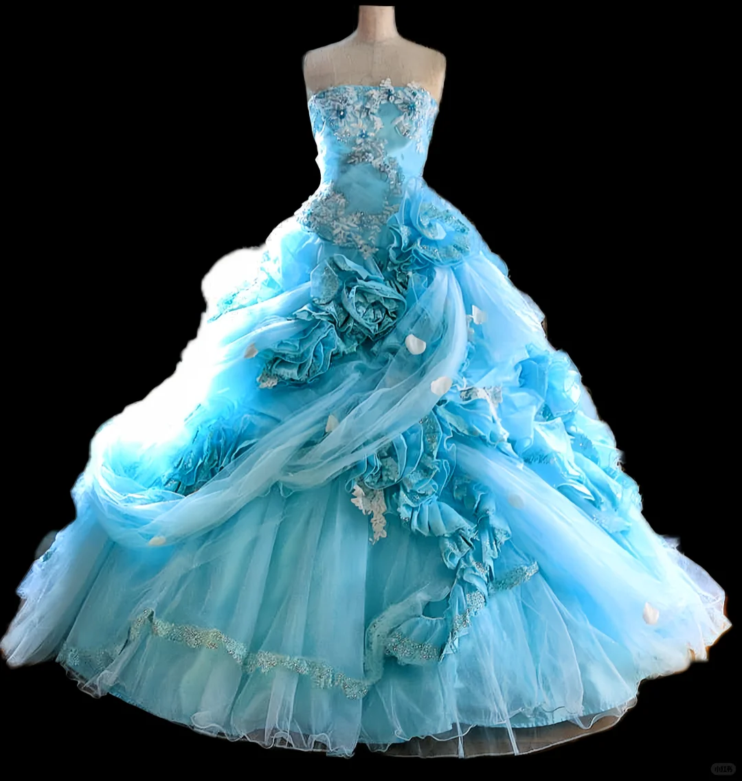 Glamorous Sky Blue Strapless Ruffled Tulle 3D Floral Sheer Drape Sweet 15 Quinceanera Ball Gown TP5495