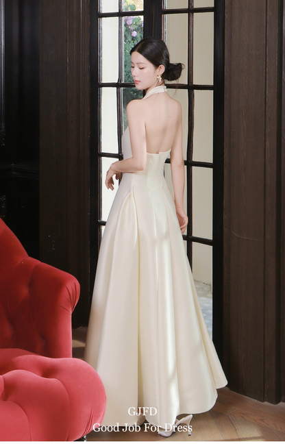 Elegant Ivory Satin A-Line Halter-Neck Midi Evening Gown TP5318