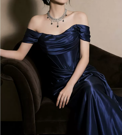 Vintage Navy Blue Off-the-Shoulder Satin Mermaid Long Evening Gown TP5877