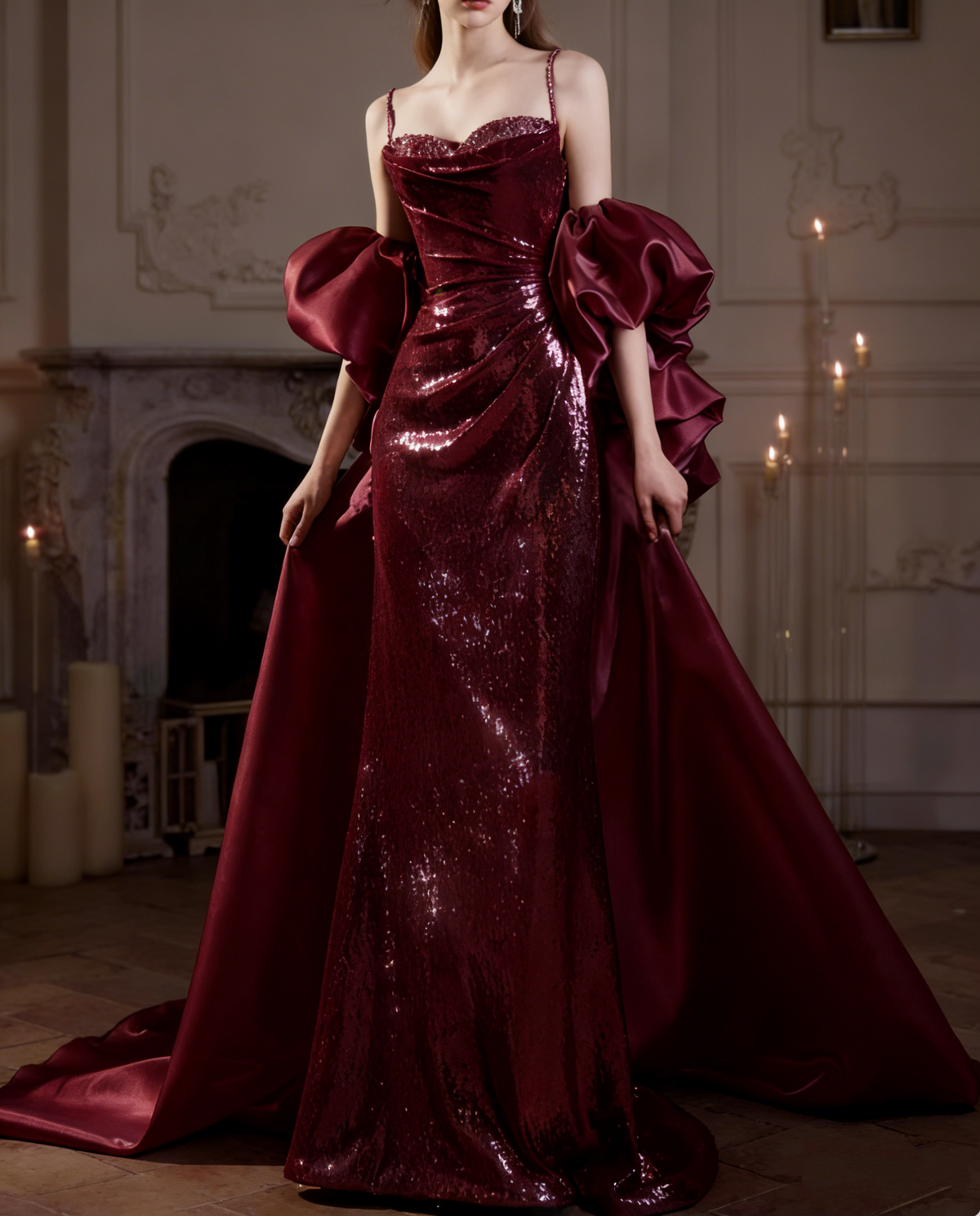 Glamorous Rose Gold Sequin Sheath Spaghetti Straps Oversized Ruffled Detachable Train Evening Gown TP5284