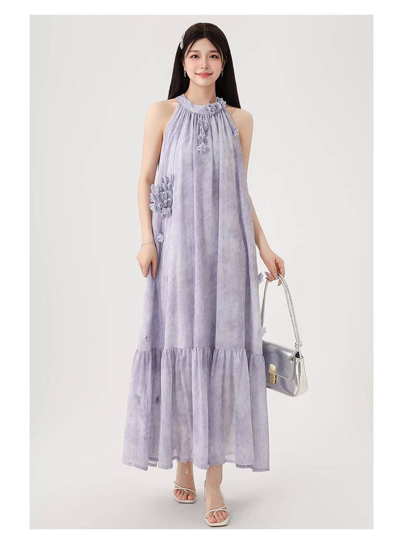 New Fashion Purple Loose-fitting Design Elegant A-line Halter Dress TP3364
