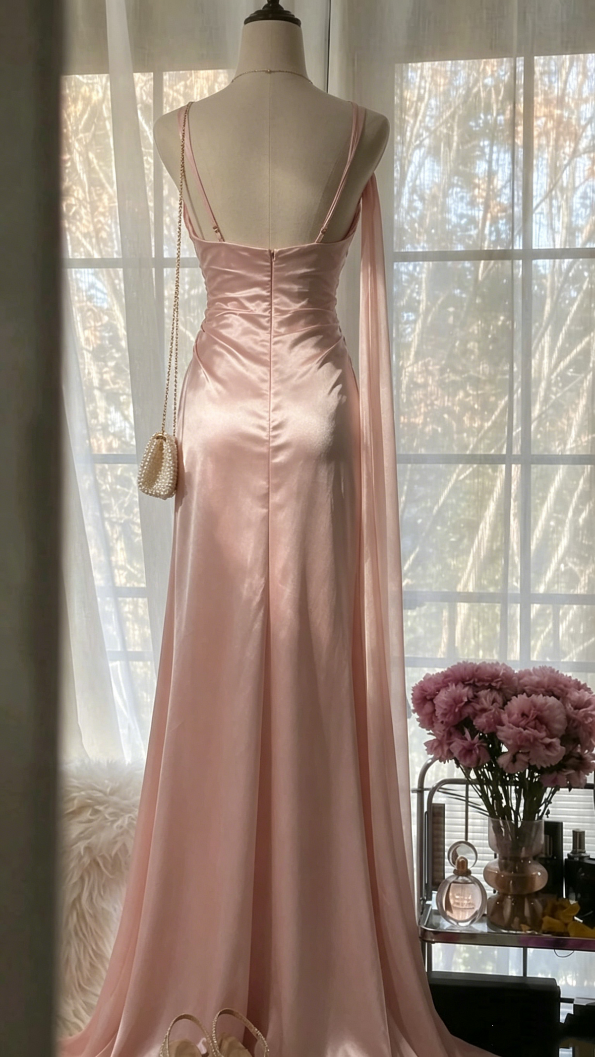 Glamorous Pink Satin Cowl Neck Mermaid Ruched Slit Long Evening Gown TP5871