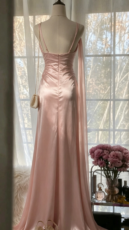Glamorous Pink Satin Cowl Neck Mermaid Ruched Slit Long Evening Gown TP5871