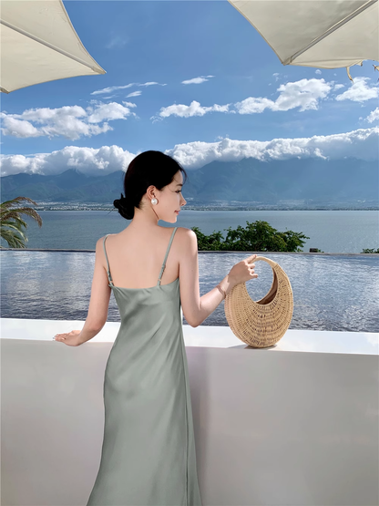 New Fashion Satin Design A-line Sleeveless Spaghetti Strap Dress TP3297